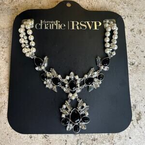 Charming Charlie RSVP Silver Tone Black Rhinestone Pearl Statement Necklace NWT